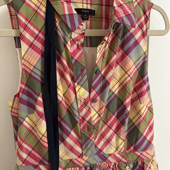 J Crew Plaid Ruffle Neck Tie Shirt Dress - Picture 5 of 8